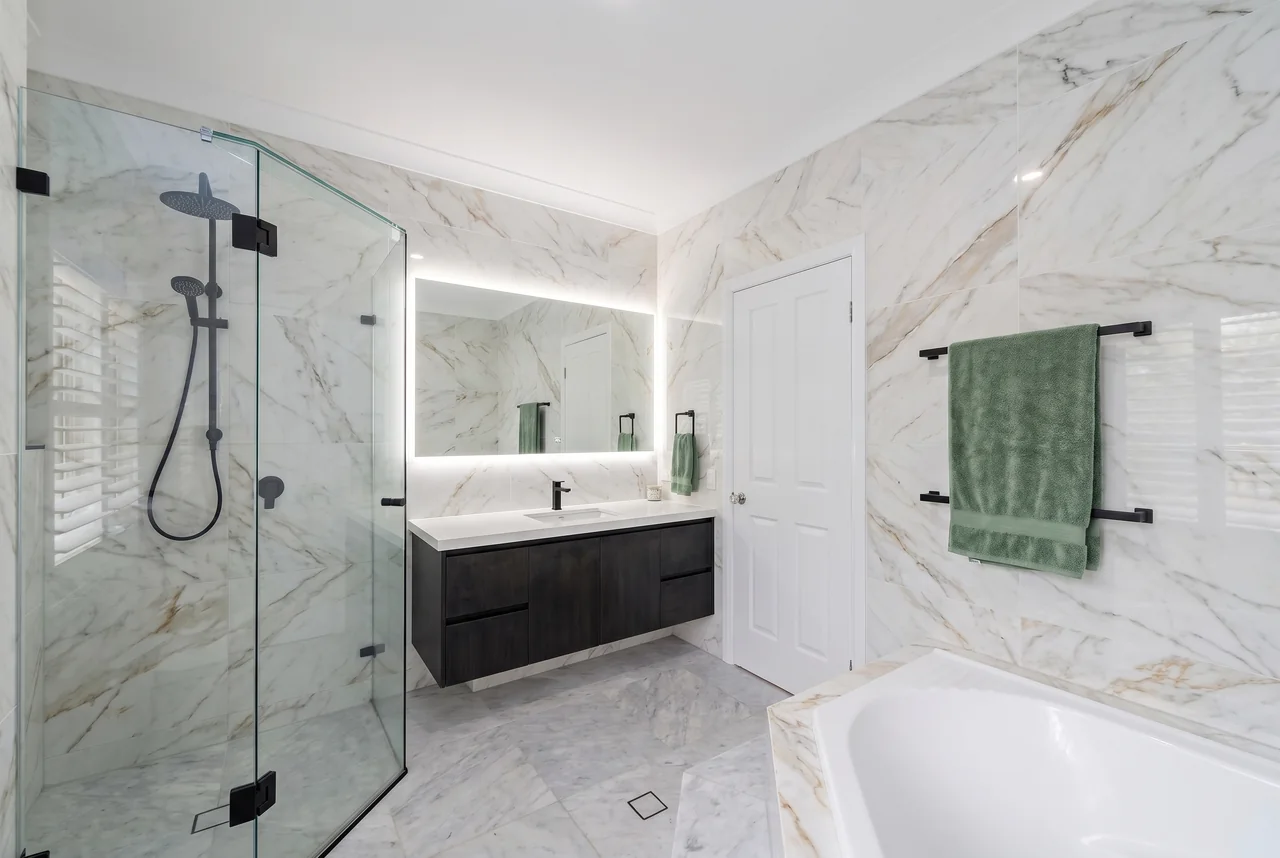 Bathroom AI renovation concept, black fixture design