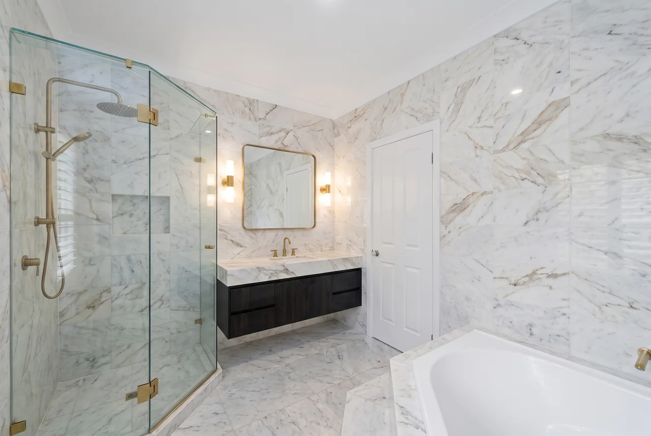 Bathroom AI renovation concept, brass fixture design